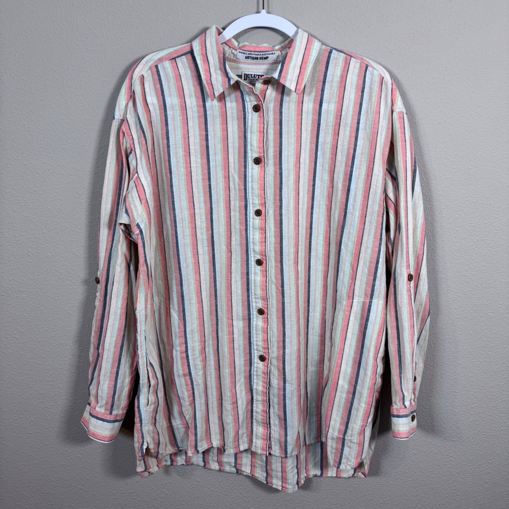 Duluth Trading Co Artisan Hemp Striped Button Up Shirt Coral Blue Women's Medium
